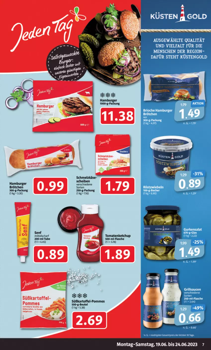 Aktueller Prospekt Markant - Prospekte - von 19.06 bis 24.06.2023 - strona 7 - produkty: brötchen, burger, eis, flasche, grill, grillsauce, hamburger, hamburger brötchen, ketchup, küsten a gold, küstengold, reis, sauce, saucen, senf, Ti, tomate, tomaten, tomatenketchup, ZTE