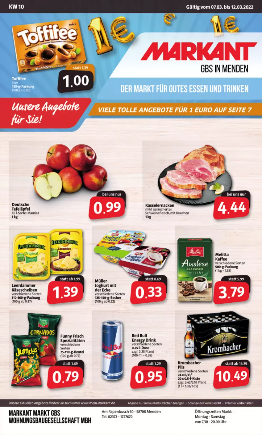 Aktueller Prospekt Markant - Prospekte - von 07.03 bis 12.03.2022 - strona 1 - produkty: angebot, angebote, Arnica, Bau, Becher, drink, eis, elle, energy drink, fleisch, gutes essen, joghur, joghurt, kaffee, Käse, käsescheiben, kasseler, krombache, krombacher, leerdammer, melitta, Müller, red bull, schwein, schweine, schweinefleisch, tafeläpfel, Ti, uhr, wein, weine