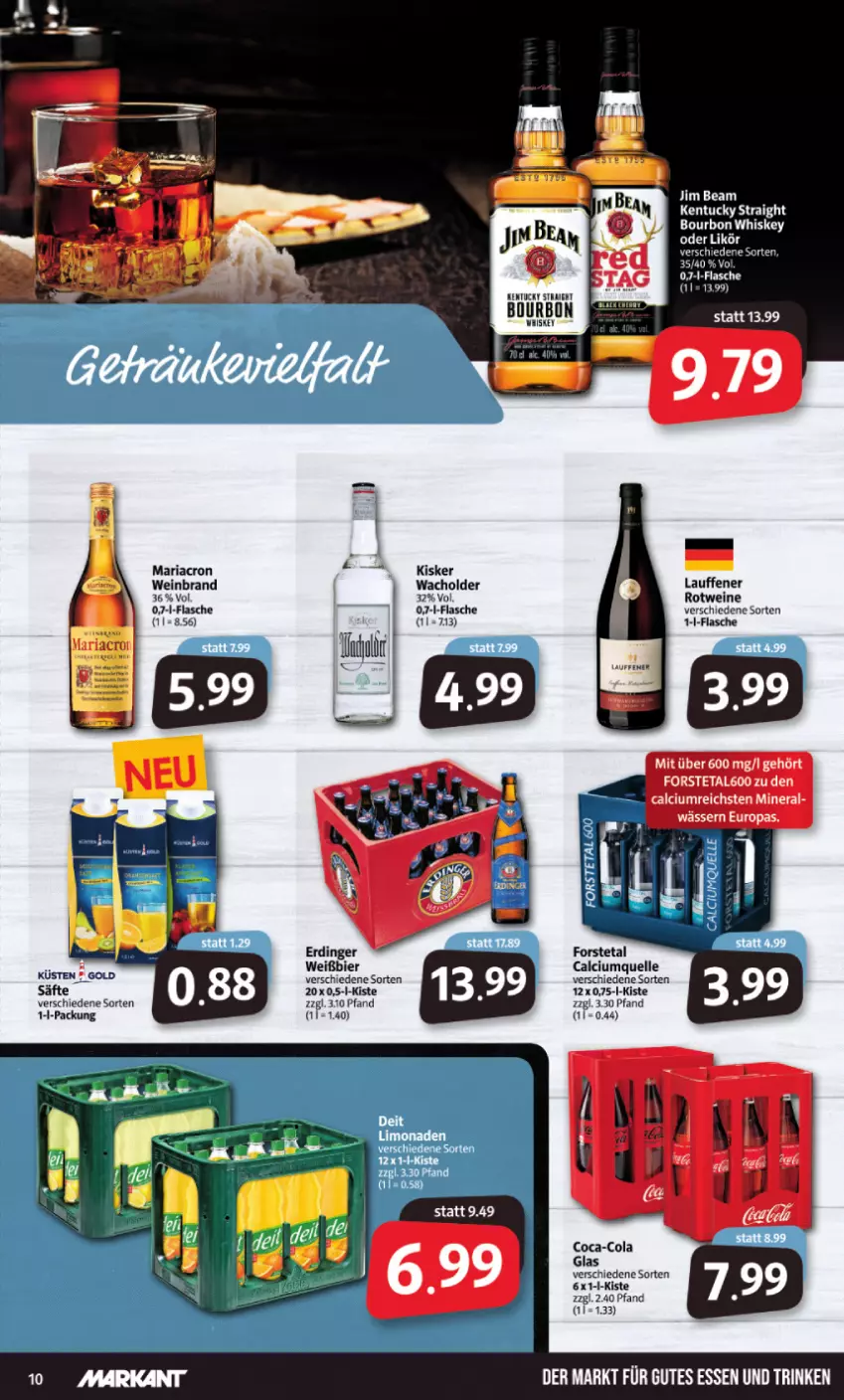 Aktueller Prospekt Markant - Prospekte - von 07.03 bis 12.03.2022 - strona 10 - produkty: bier, bourbon, bourbon whiskey, Calcium, coca-cola, cola, elle, erdinger, flasche, Forstetal, jim beam, mariacron, Ria, rotwein, säfte, tee, tuc, wein, weinbrand, weine, whiskey