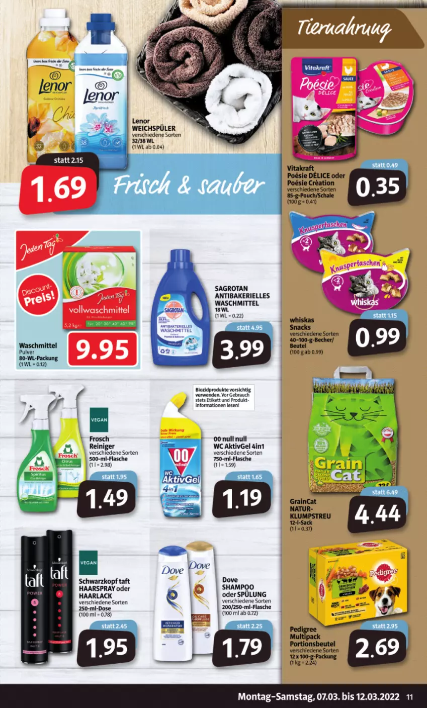 Aktueller Prospekt Markant - Prospekte - von 07.03 bis 12.03.2022 - strona 11 - produkty: arla, bio, biozidprodukte, dove, elle, flasche, Frosch, Haarlack, haarspray, lack, lenor, lenor weichspüler, Rauch, reiniger, rwe, sagrotan, schwarzkop, schwarzkopf, shampoo, spülung, Taft, Ti, waschmittel, weichspüler