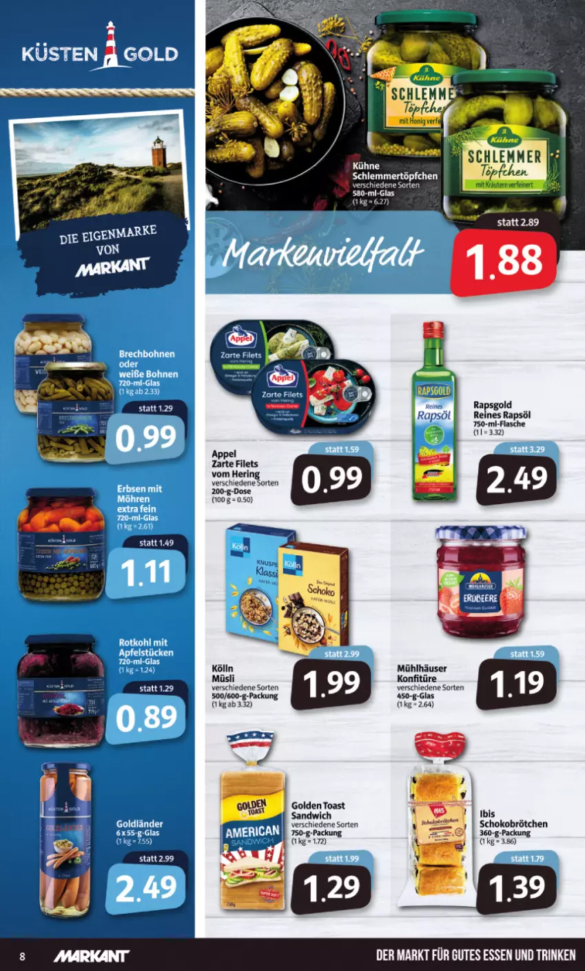 Aktueller Prospekt Markant - Prospekte - von 07.03 bis 12.03.2022 - strona 8 - produkty: brötchen, filet, filets, flasche, golden toast, gutes essen, kölln, konfitüre, mühlhäuser, müsli, rapsöl, reines rapsöl, sandwich, schlemmertöpfchen, schoko, Schokobrötchen, toast, Töpfchen