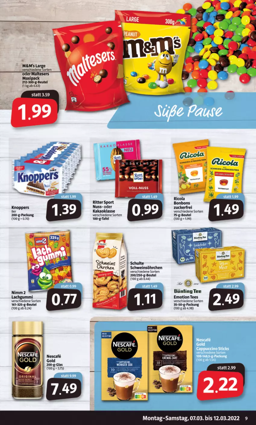 Aktueller Prospekt Markant - Prospekte - von 07.03 bis 12.03.2022 - strona 9 - produkty: beutel, bünting tee, kakao, knoppers, lachgummi, nescafe, nimm2, nuss, ritter, ritter sport, schwein, Sport, tee, Ti, wein, zucker