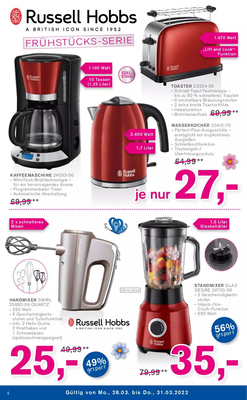 Aktueller Prospekt Kodi - Prospekte - von 26.03 bis 31.03.2022 - strona 4 - produkty: auto, Behälter, Brei, brötchen, brötchenaufsatz, elle, handmixer, Kocher, Mixer, Schal, Schneebesen, spülmaschinen, standmixer, swirl, tasse, Ti, timer, tisch, toast, toaster, überhitzungsschutz, wasser, wasserkocher