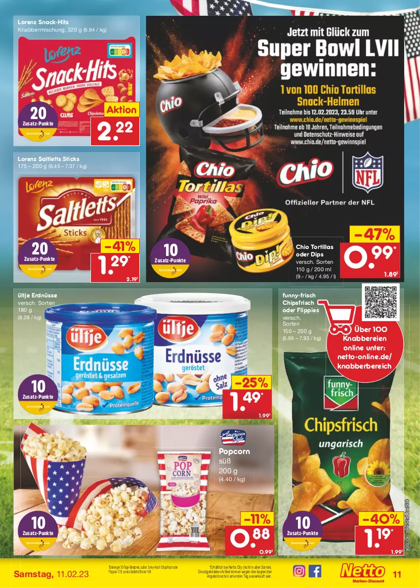 Aktueller Prospekt Netto Marken-Discount - Filial-Angebote - von 06.02 bis 11.02.2023 - strona 11 - produkty: angebot, bestpreis, chips, chipsfrisch, dip, eis, erdnüsse, flippies, funny-frisch, lorenz, popcorn, reis, saltletts, snack, Ti, tortilla, tortillas, ültje, ültje erdnüsse, ZTE