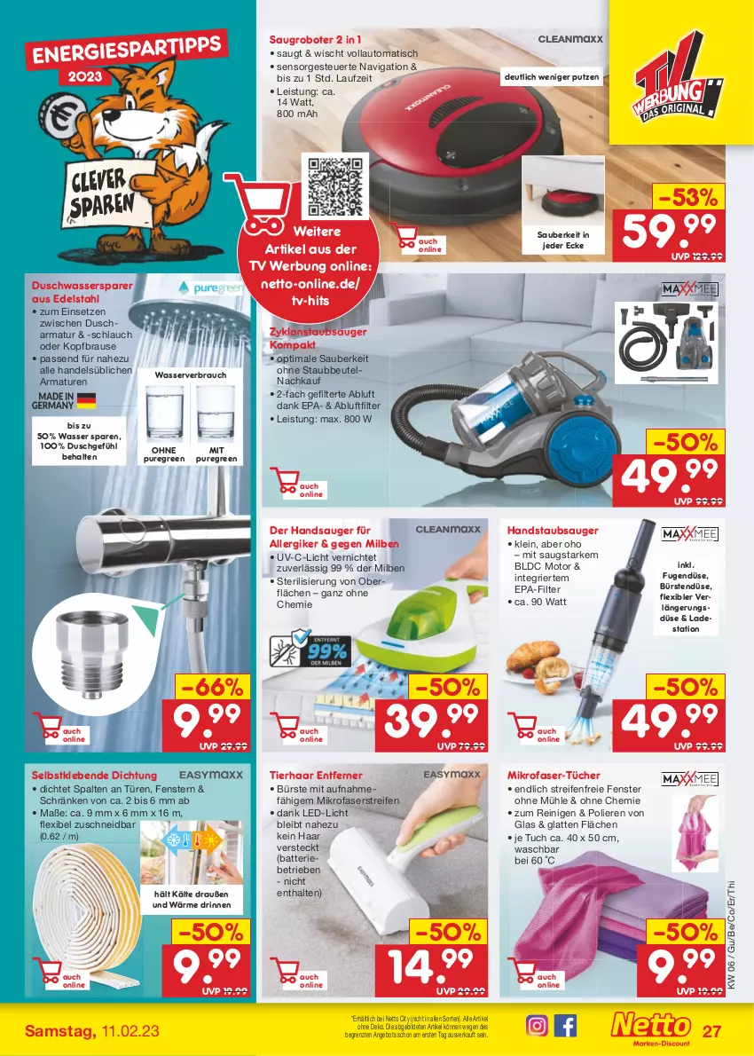 Aktueller Prospekt Netto Marken-Discount - Filial-Angebote - von 06.02 bis 11.02.2023 - strona 27 - produkty: angebot, armatur, armaturen, auto, batterie, beutel, brause, bürste, bürsten, edelstahl, eis, fenster, handstaubsauger, latte, led-licht, mikrofaser, Rauch, reifen, Saugroboter, schlauch, staubbeutel, staubsauger, Ti, tisch, tuc, tücher, wasser, ZTE