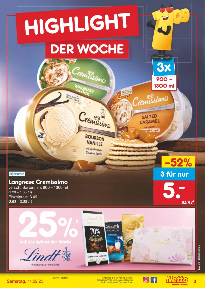 Aktueller Prospekt Netto Marken-Discount - Filial-Angebote - von 06.02 bis 11.02.2023 - strona 3 - produkty: angebot, bestpreis, cremissimo, eis, langnese, langnese cremissimo, reis, sim, Ti, ZTE