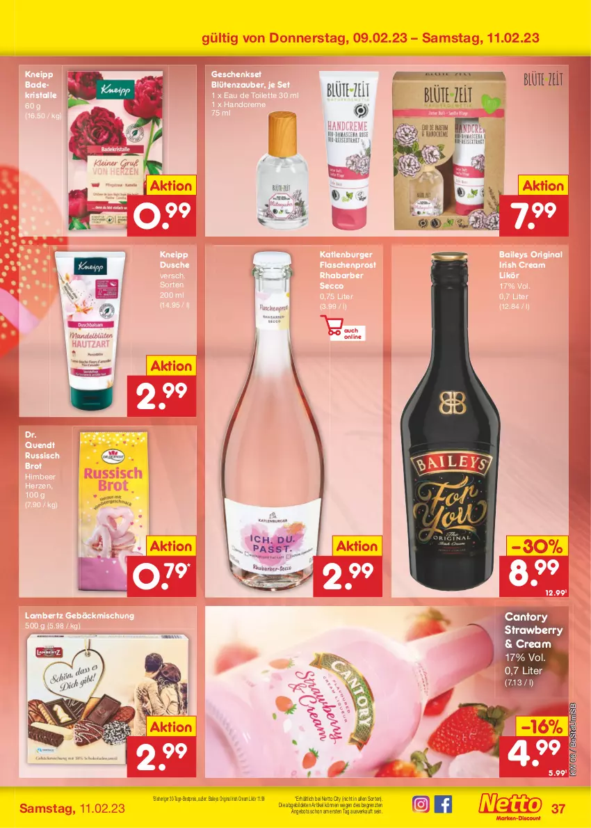 Aktueller Prospekt Netto Marken-Discount - Filial-Angebote - von 06.02 bis 11.02.2023 - strona 37 - produkty: Amber, angebot, Bad, Badekristalle, baileys, bestpreis, Blüte, brot, burger, creme, dusche, eau de toilette, eau de toilette 30 ml, ecco, eis, flasche, gebäckmischung, geschenkset, gin, handcreme, himbeer, irish cream, katlenburger, kneipp, lambertz, likör, reis, rhabarber, russisch brot, Ti, ZTE