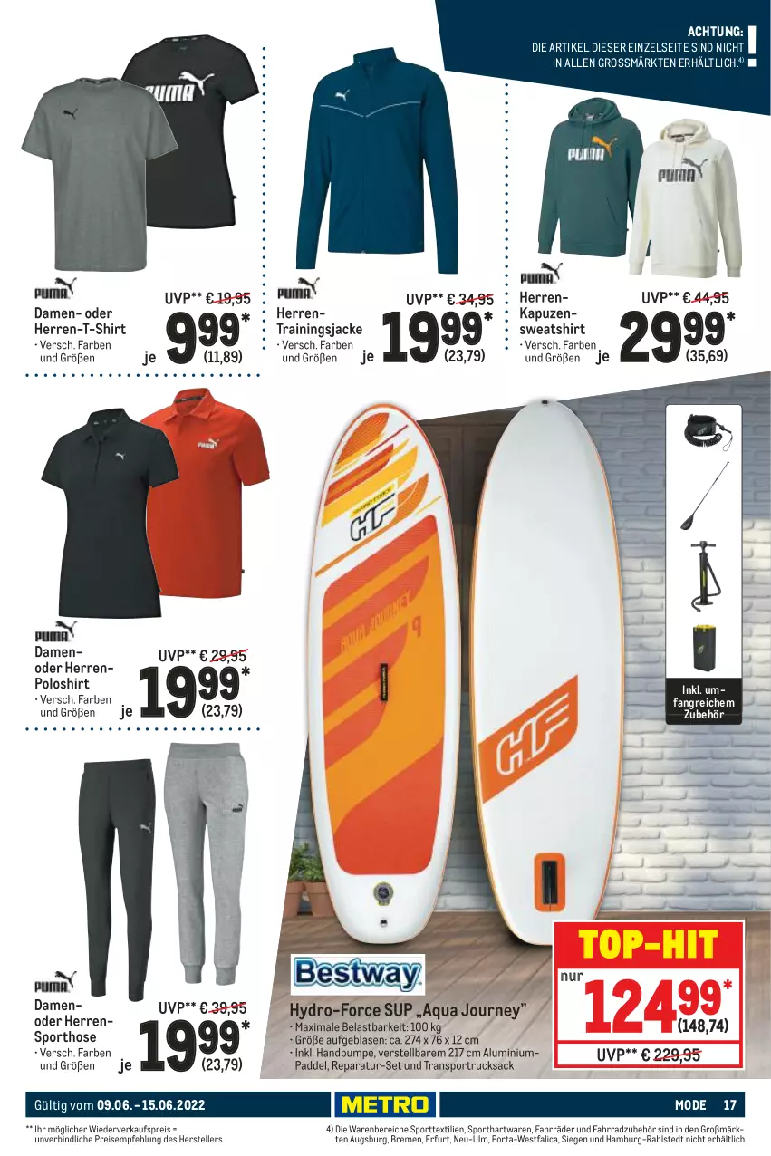 Aktueller Prospekt Metro - NonFood - von 01.06 bis 24.07.2022 - strona 17 - produkty: aqua, eis, elle, Fahrrad, herren-t-shirt, hose, Jacke, Kapuzensweatshirt, Mode, poloshirt, reis, rucksack, sac, shirt, Sport, Sweatshirt, T-Shirt, teller, Ti, top-hit