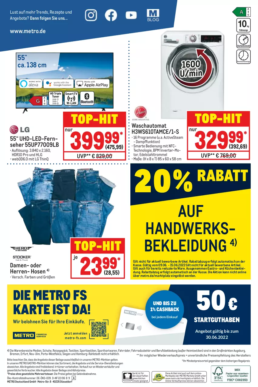 Aktueller Prospekt Metro - NonFood - von 01.06 bis 24.07.2022 - strona 20 - produkty: abholpreise, angebot, angebote, auer, auto, edelstahl, eis, elle, erde, Fahrrad, fernseher, heimtextilien, hose, hosen, ilag, kleid, Kleidung, küche, Küchen, LG, Metro, metro gastro, preisvorteil, Rauch, regal, reis, rezept, rezepte, rwe, schuhe, Sport, teller, Ti, tisch, top-hit, trommel, uhd