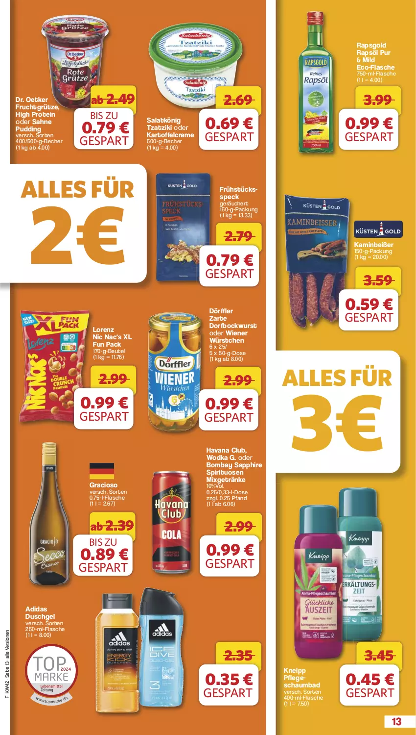 Aktueller Prospekt Famila - Prospekte - von 14.10 bis 19.10.2024 - strona 13 - produkty: Adidas, Bad, Becher, beutel, bockwurst, bombay sapphire, creme, Dr. Oetker, duschgel, eis, flasche, frucht, fruchtgrütze, Frühstücksspeck, getränk, getränke, gracioso, grütze, Havana Club, Kamin, kartoffel, kneipp, lorenz, Mixgetränk, pudding, rapsöl, reis, sahne, salat, sapphire, schaumbad, Speck, spirituosen, tzatziki, wiener, wiener würstchen, wodka, wurst, würstchen, ZTE