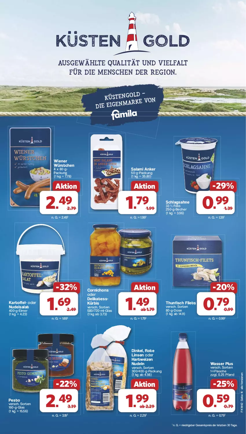 Aktueller Prospekt Famila - Prospekte - von 14.10 bis 19.10.2024 - strona 14 - produkty: Becher, eimer, eis, filet, filets, fisch, flasche, hartweizen, kartoffel, Kürbis, linsen, nudel, nudeln, nudelsalat, pesto, reis, Rote Linsen, sahne, salami, salat, schlagsahne, thunfisch, thunfisch filets, Ti, wasser, wiener, wiener würstchen, würstchen, ZTE