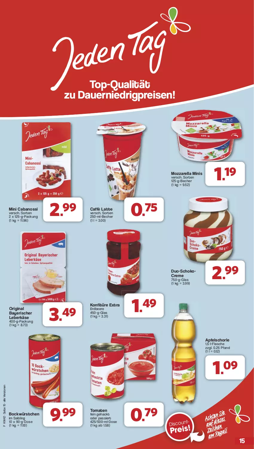 Aktueller Prospekt Famila - Prospekte - von 14.10 bis 19.10.2024 - strona 15 - produkty: apfel, Apfelschorle, auer, Becher, beere, Cabanossi, caffè latte, creme, eis, erdbeere, flasche, gin, Käse, konfitüre, konfitüre extra, latte, leberkäs, leberkäse, mozzarella, reis, rel, schoko, schorle, tomate, tomaten, würstchen