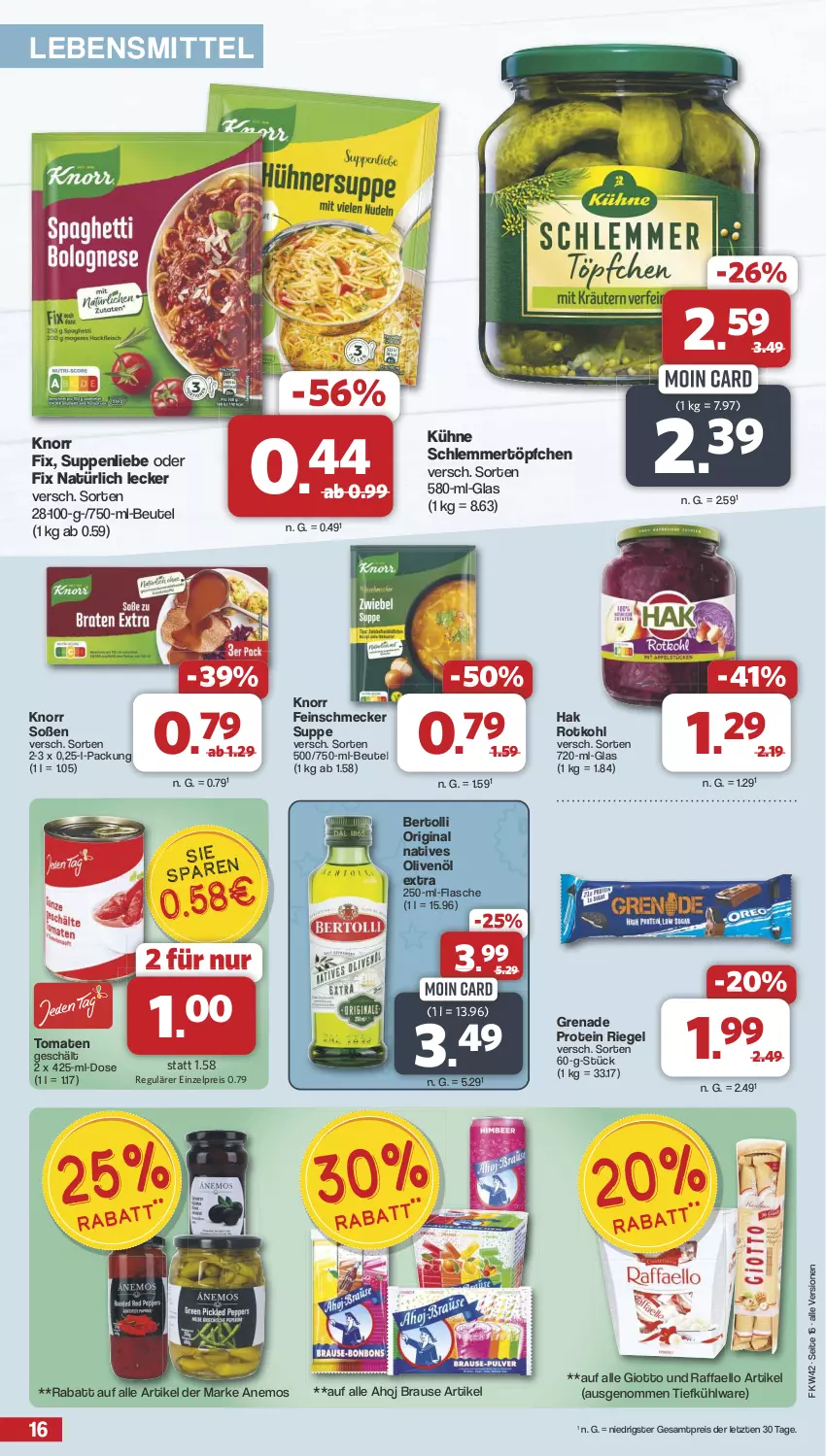 Aktueller Prospekt Famila - Prospekte - von 14.10 bis 19.10.2024 - strona 16 - produkty: bertolli, beutel, brause, eis, feinschmecker, flasche, gin, giotto, knorr, knorr fix, Kühne, lebensmittel, natives olivenöl, olive, oliven, olivenöl, olivenöl extra, raffaello, reis, riegel, rotkohl, schlemmertöpfchen, Soße, suppe, suppen, suppenliebe, Ti, Tiefkühlware, tomate, tomaten, Töpfchen, ZTE