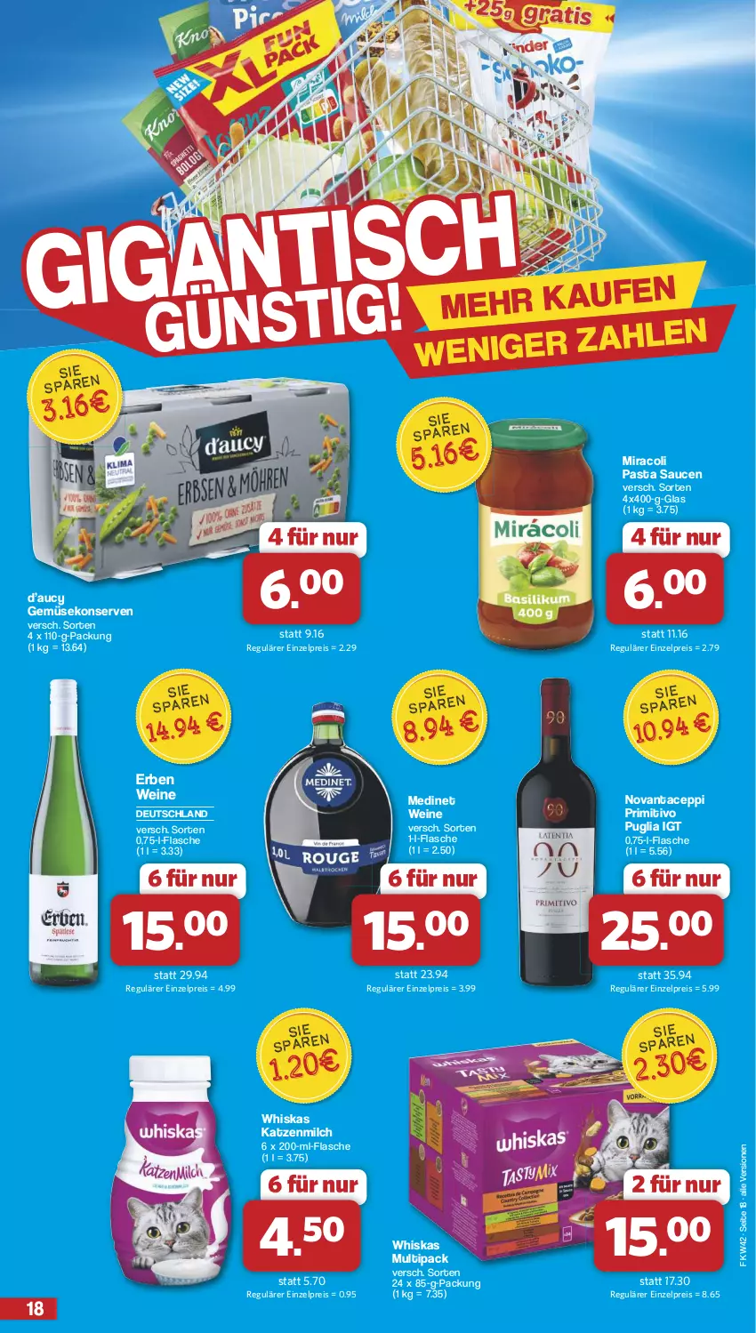 Aktueller Prospekt Famila - Prospekte - von 14.10 bis 19.10.2024 - strona 18 - produkty: eis, flasche, Gemüsekonserve, katzenmilch, Konserven, medinet, milch, miracoli, pasta, Pasta Sauce, primitivo, reis, sauce, saucen, Ti, wein, weine, whiskas