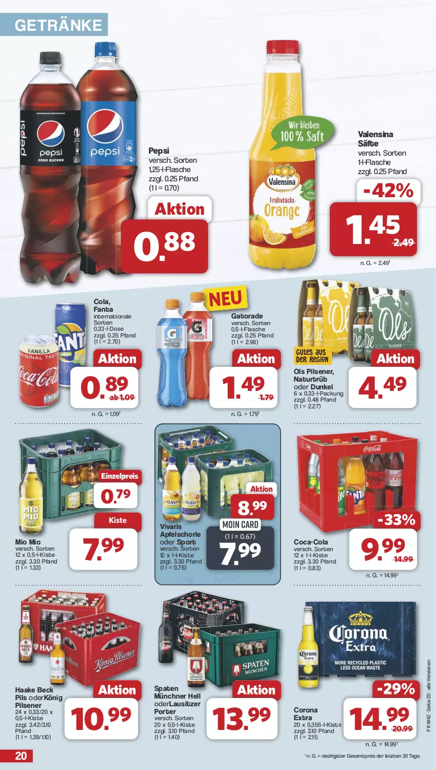 Aktueller Prospekt Famila - Prospekte - von 14.10 bis 19.10.2024 - strona 20 - produkty: apfel, Apfelschorle, coca-cola, cola, corona, corona extra, eis, fanta, flasche, getränk, getränke, könig pilsener, Mio Mio, natur, pepsi, pils, pilsener, reis, säfte, schorle, Spaten, Sport, Ti, valensina, Vivaris, ZTE