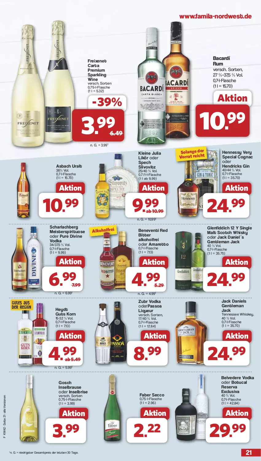 Aktueller Prospekt Famila - Prospekte - von 14.10 bis 19.10.2024 - strona 21 - produkty: alkohol, Amaretto, arla, asbach uralt, brause, Cognac, ecco, eis, flasche, freixenet, gin, jack daniel, jack daniels, korn, leine, likör, liqueur, Meister, passo, reis, rum, scotch, scotch whisky, single malt, tennessee whiskey, Ti, tuc, vodka, whiskey, whisky, ZTE