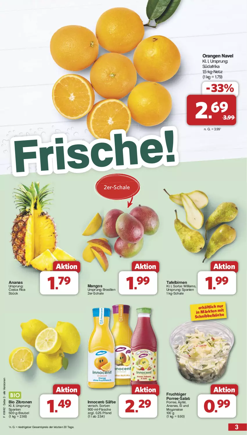 Aktueller Prospekt Famila - Prospekte - von 14.10 bis 19.10.2024 - strona 3 - produkty: ananas, beutel, bio, Birnen, eis, flasche, frucht, Innocent, küche, mango, mangos, orange, orangen, reis, säfte, salat, Schal, Schale, tafelbirnen, Ti, Yo, zitrone, zitronen, ZTE