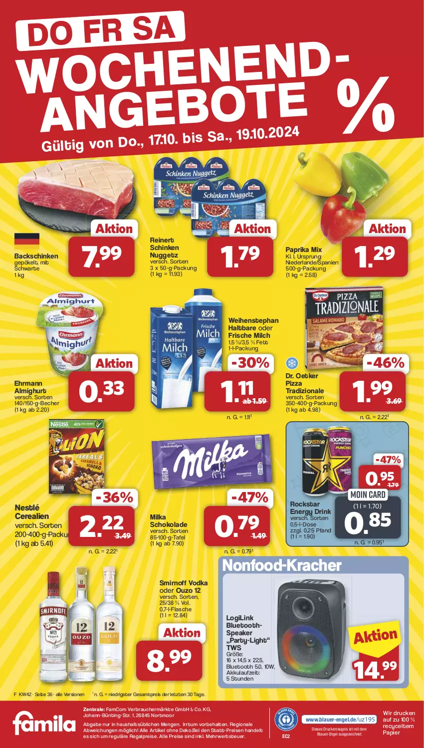 Aktueller Prospekt Famila - Prospekte - von 14.10 bis 19.10.2024 - strona 36 - produkty: akku, almighur, almighurt, auer, Becher, cerealien, Dr. Oetker, drink, drucker, ehrmann, ehrmann almighurt, eis, energy drink, Engel, flasche, frische milch, kerze, kracher, milch, milka, milka schokolade, nestlé, ouzo, ouzo 12, papier, paprika, paprika mix, pizza, pizza tradizionale, Rauch, regal, reinert, reis, Rockstar, rwe, schinken, schoko, schokolade, smirnoff, Ti, tradizionale, vodka, weihenstephan, ZTE