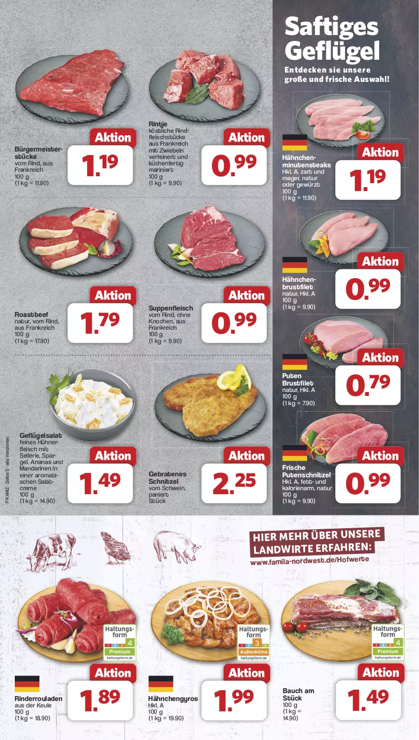 Aktueller Prospekt Famila - Prospekte - von 14.10 bis 19.10.2024 - strona 5 - produkty: ananas, Bau, beef, braten, brustfilet, creme, decke, eis, elle, filet, fleisch, Geflügel, geflügelsalat, Germ, gewürz, gyros, hähnchenbrust, hähnchenbrustfilet, Hähnchengyros, hühner, küche, Küchen, mandarine, mandarinen, Meister, minutensteaks, mit zwiebeln, natur, nerf, pute, putenschnitzel, rind, rinder, Rinderroulade, rinderrouladen, rindfleisch, roastbeef, rouladen, saft, salat, salatcreme, schnitzel, schwein, spargel, steak, steaks, suppe, suppen, suppenfleisch, Ti, tisch, wein, zwiebel, zwiebeln