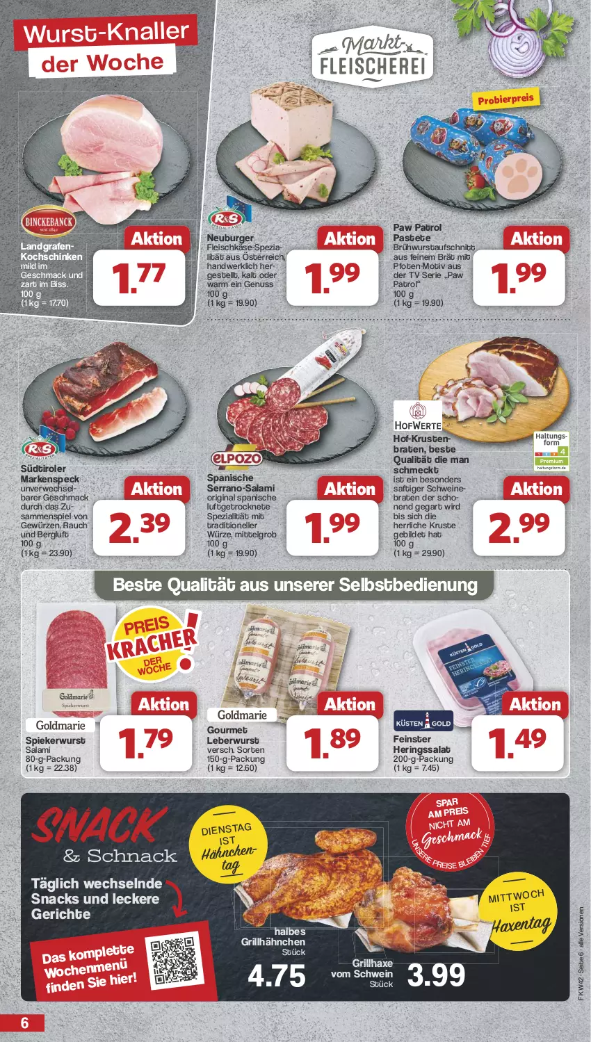 Aktueller Prospekt Famila - Prospekte - von 14.10 bis 19.10.2024 - strona 6 - produkty: aufschnitt, axe, bier, braten, Brühwurst, burger, eis, elle, fleisch, fleischkäse, gewürz, gin, grill, grillhähnchen, grillhaxe, Haxe, hering, Herings, Käse, kochschinken, krustenbraten, leberwurst, LG, mac, Neuburger, nuss, pastete, Paw Patrol, Rauch, reis, ring, rwe, saft, salami, salat, schinken, schwein, schweine, schweinebraten, serrano, snack, snacks, Speck, Spezi, südtiroler, Ti, wein, weine, wurst