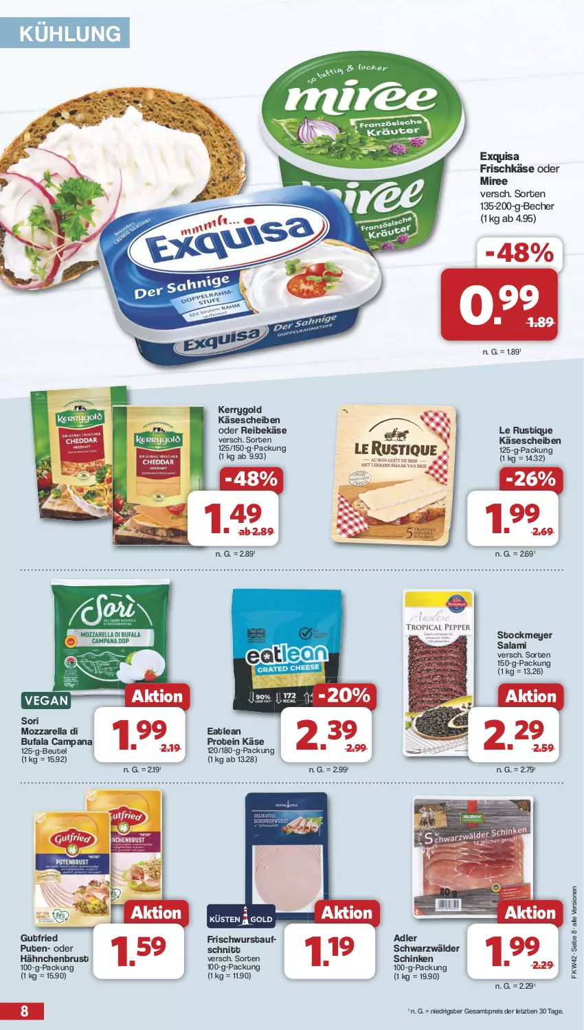 Aktueller Prospekt Famila - Prospekte - von 14.10 bis 19.10.2024 - strona 8 - produkty: aufschnitt, Becher, beutel, di bufala, eis, exquisa, exquisa frischkäse, frischkäse, gutfried, hähnchenbrust, Käse, käsescheiben, kerrygold, Le Rustique, miree, mozzarella, pute, Reibekäse, reis, rel, salami, schinken, schwarzwälder schinken, stockmeyer, Ti, wurst, ZTE