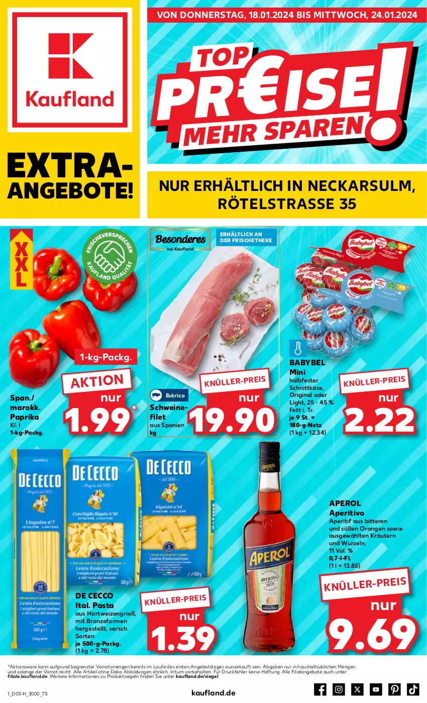 Aktueller Prospekt Kaufland - Extra-Angebote - von 18.01 bis 24.01.2024 - strona 1 - produkty: angebot, angebote, aperitif, aperol, babybel, De Cecco, ecco, eis, filet, gin, halbfester schnittkäse, hartweizen, Käse, kräuter, kräutern, orange, orangen, paprika, pasta, schnittkäse, schwein, schweine, schweinefilet, Ti, wein, weine, ZTE