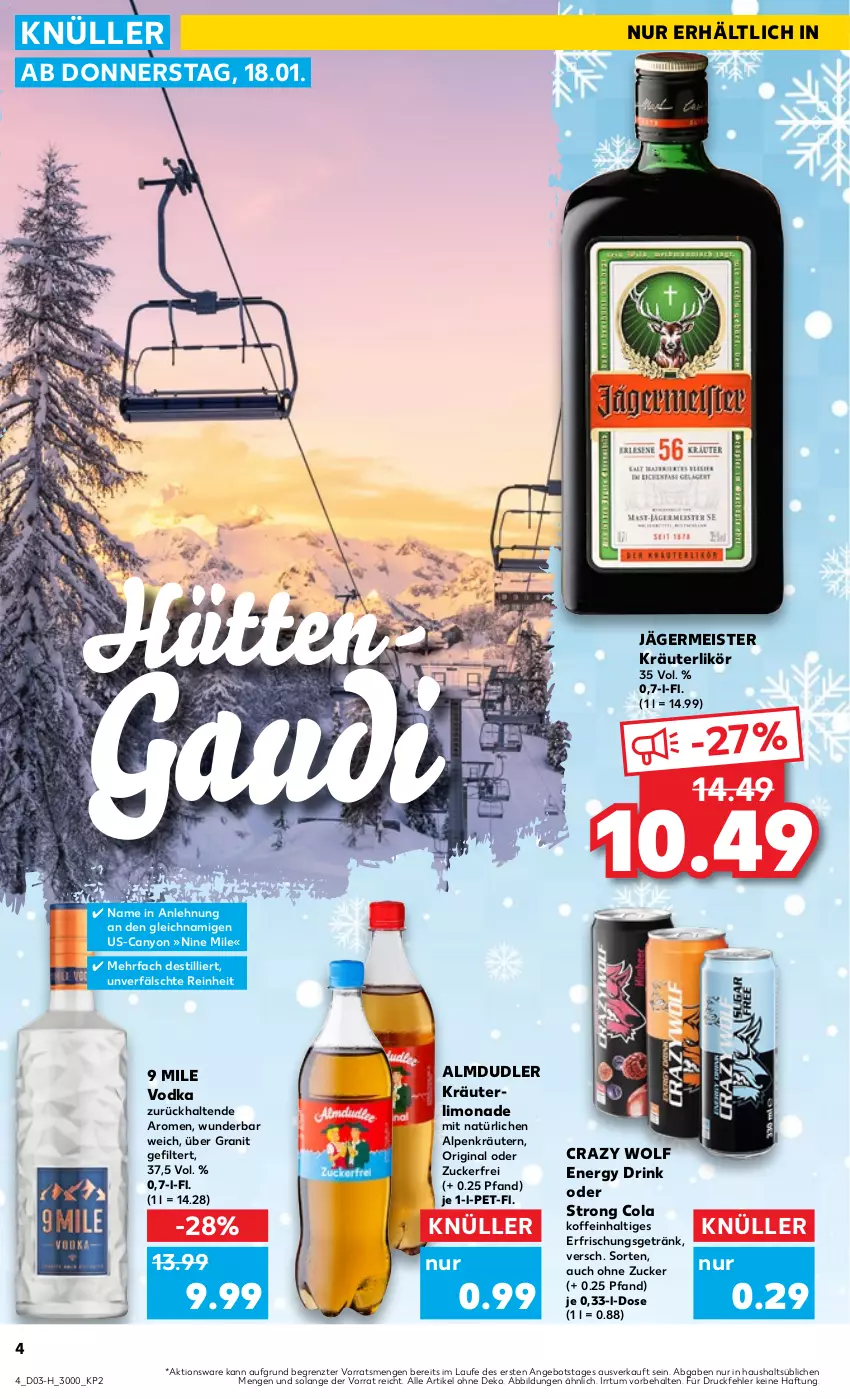 Aktueller Prospekt Kaufland - Extra-Angebote - von 18.01 bis 24.01.2024 - strona 4 - produkty: almdudler, angebot, cola, drink, eis, energy drink, erfrischungsgetränk, Germ, getränk, gin, jägermeister, kräuter, kräuterlikör, kräutern, likör, limo, limonade, Meister, Ti, vodka, Yo, ZTE, zucker