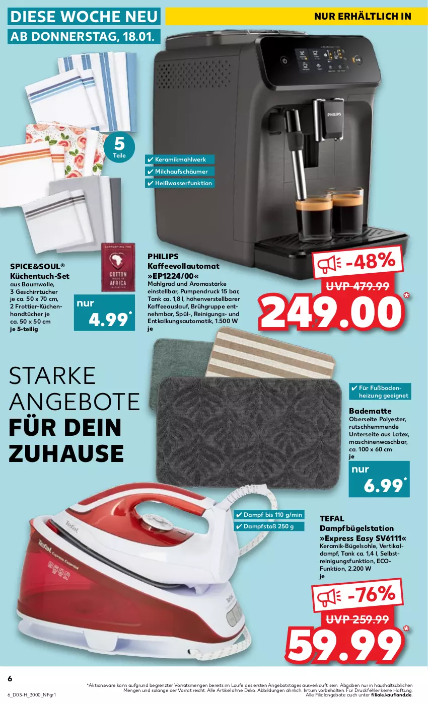 Aktueller Prospekt Kaufland - Extra-Angebote - von 18.01 bis 24.01.2024 - strona 6 - produkty: angebot, angebote, auto, Bad, badematte, Bau, baumwolle, bügel, Bügelstation, dampfbügelstation, geschirr, geschirrtücher, handtücher, kaffee, kaffeevollautomat, küche, Küchen, LG, milch, milchaufschäumer, Philips, Reinigung, tefal, Ti, tuc, tücher, wasser, wolle, ZTE