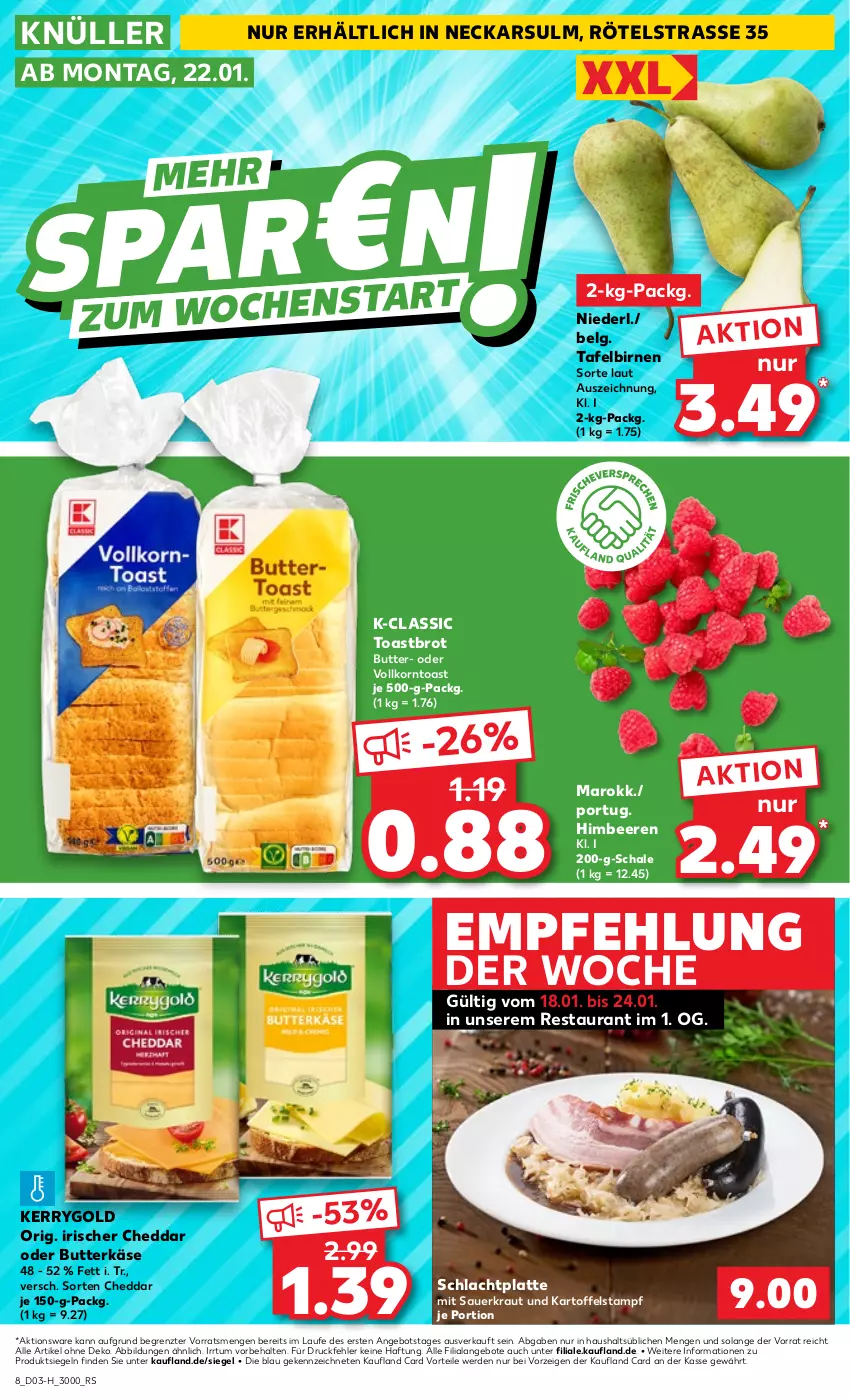 Aktueller Prospekt Kaufland - Extra-Angebote - von 18.01 bis 24.01.2024 - strona 8 - produkty: angebot, angebote, auer, beere, beeren, Birnen, brot, butter, butterkäse, cheddar, erde, himbeer, himbeere, himbeeren, kartoffel, Käse, kerrygold, korn, Kraut, latte, LG, Sauerkraut, Schal, Schale, tafelbirnen, Ti, toast, Toastbrot, ZTE