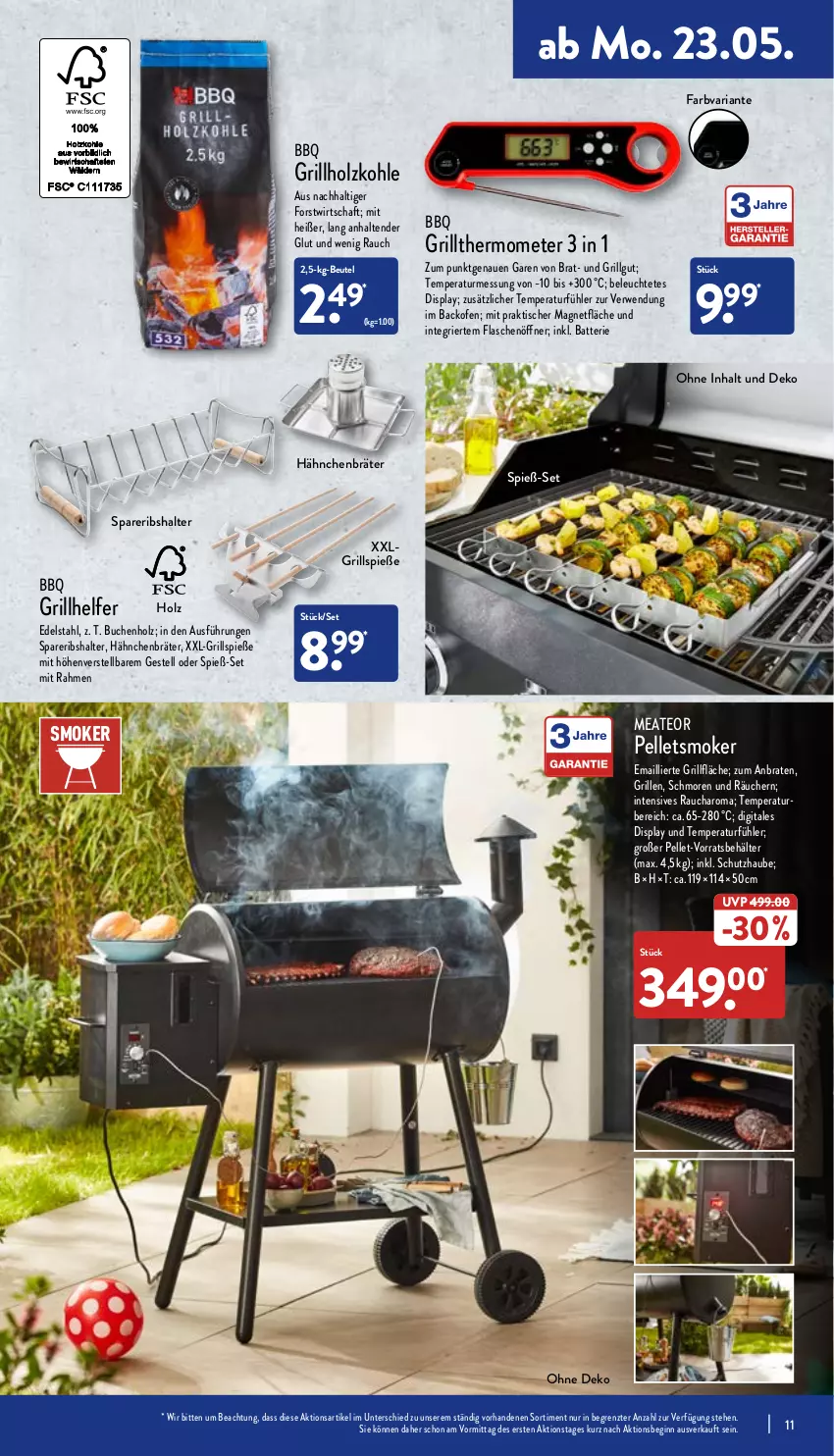 Aktueller Prospekt Aldi Nord - Aldi-Aktuell - von 23.05 bis 28.05.2022 - strona 11 - produkty: backofen, batterie, Behälter, beutel, braten, buch, edelstahl, elle, flasche, flaschenöffner, gin, grill, grillfläche, grillholzkohle, Grillspieße, Holz, holzkohle, Leuchte, LG, Ofen, Pellets, Rauch, Ria, rwe, spareribs, tender, thermometer, Ti, tisch, ZTE