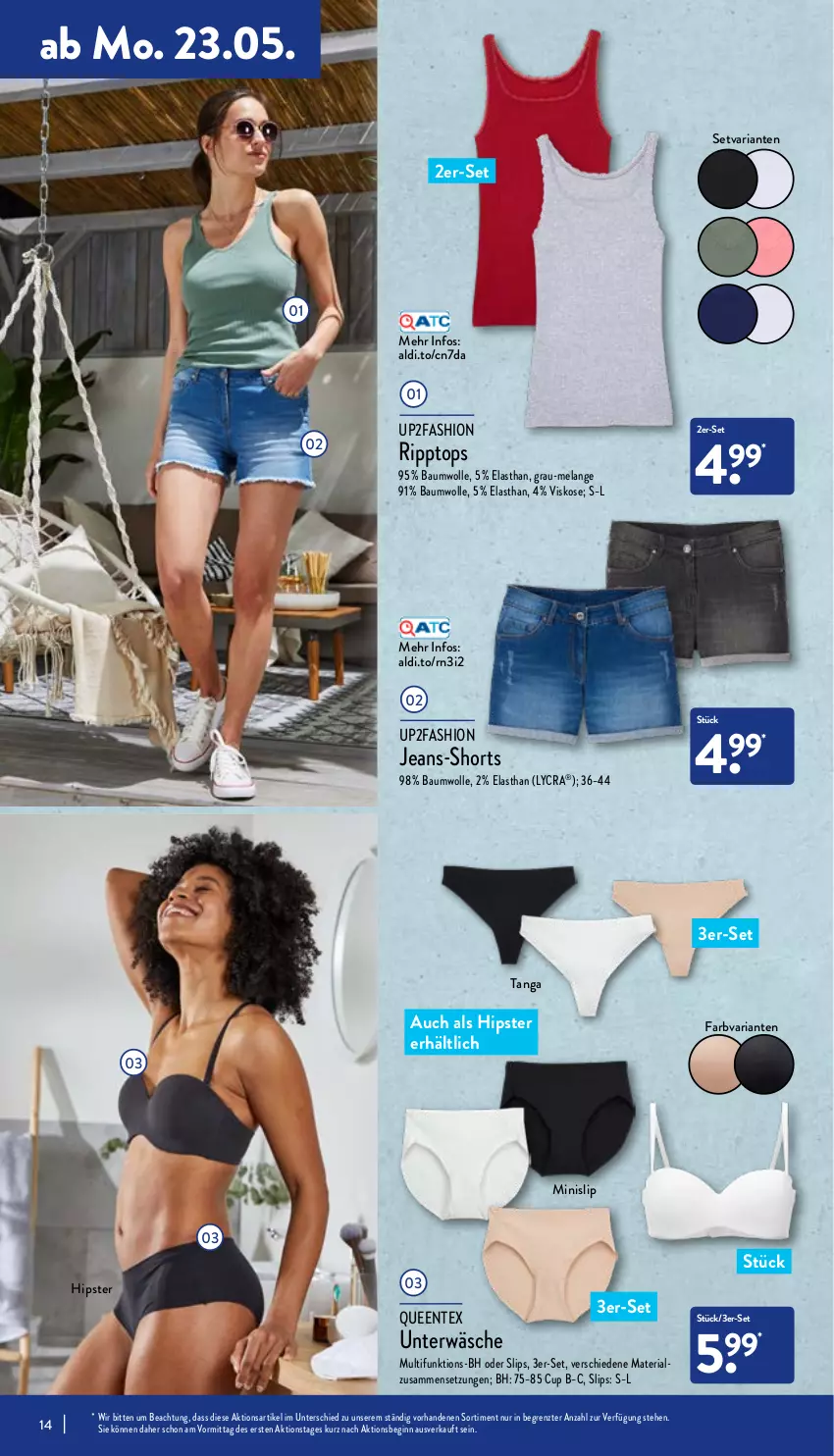 Aktueller Prospekt Aldi Nord - Aldi-Aktuell - von 23.05 bis 28.05.2022 - strona 14 - produkty: aldi, Bau, baumwolle, Elan, ente, gin, jeans, Minislip, Queentex, Ria, shorts, slip, slips, Ti, Unterwäsche, up2fashion, wolle, ZTE