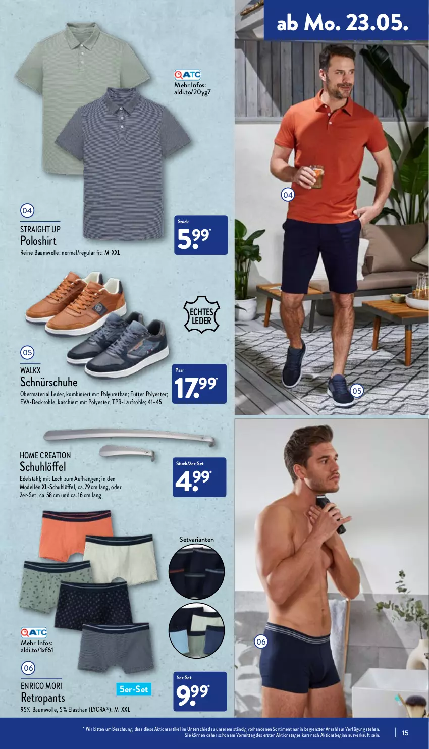 Aktueller Prospekt Aldi Nord - Aldi-Aktuell - von 23.05 bis 28.05.2022 - strona 15 - produkty: aldi, Bau, baumwolle, decksohle, dell, edelstahl, elle, gin, Löffel, Mode, Pants, poloshirt, reine baumwolle, Retropants, Ria, schuhe, shirt, Ti, walkx, wolle, ZTE