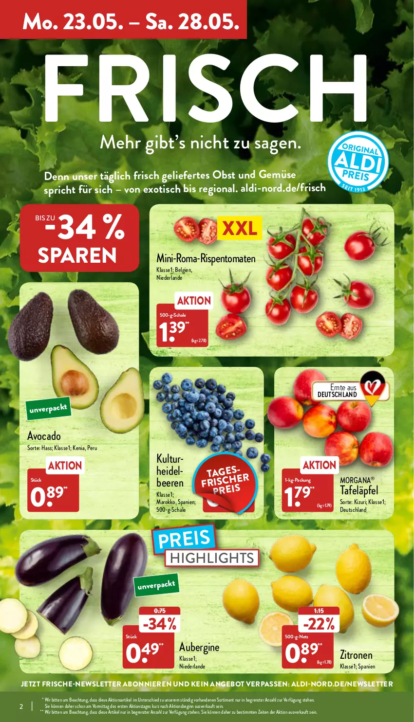 Aktueller Prospekt Aldi Nord - Aldi-Aktuell - von 23.05 bis 28.05.2022 - strona 2 - produkty: aldi, angebot, aubergine, avocado, beere, beeren, eis, gin, heidelbeere, heidelbeeren, LG, obst, Obst und Gemüse, reis, rispentomaten, Schal, Schale, tafeläpfel, Ti, tisch, tomate, tomaten, und gemüse, zitrone, zitronen, ZTE