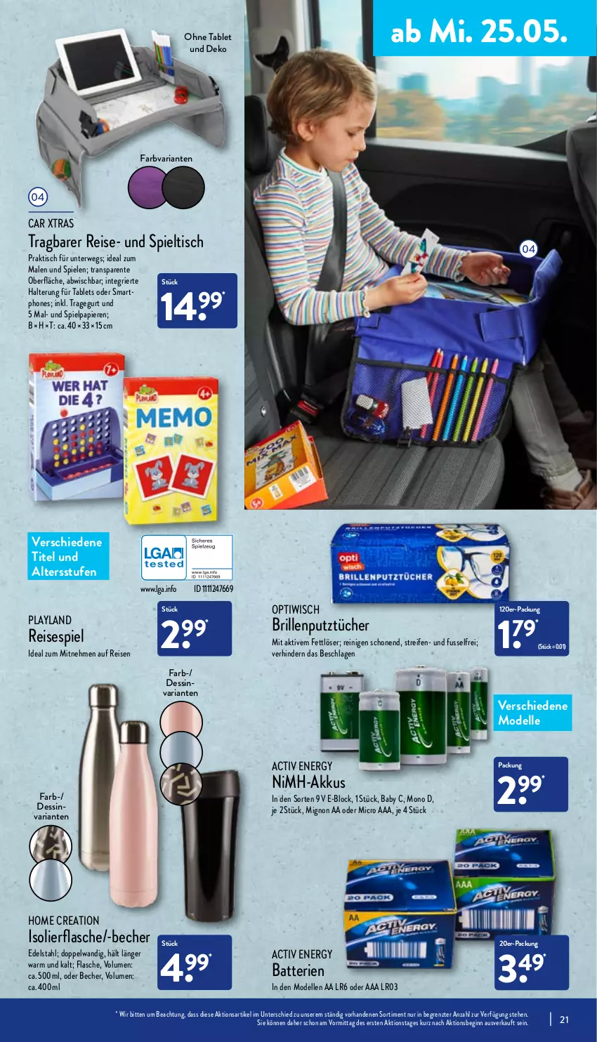 Aktueller Prospekt Aldi Nord - Aldi-Aktuell - von 23.05 bis 28.05.2022 - strona 21 - produkty: akku, batterie, batterien, Becher, Brille, dell, edelstahl, eis, elle, ente, Fettlöser, flasche, gin, isolierflasche, LG, Mode, NiMH-Akkus, Optiwisch, papier, reifen, reis, Ria, rwe, smartphone, smartphones, Spiele, Spieltisch, tablet, Tablets, Ti, tisch, tücher, ZTE