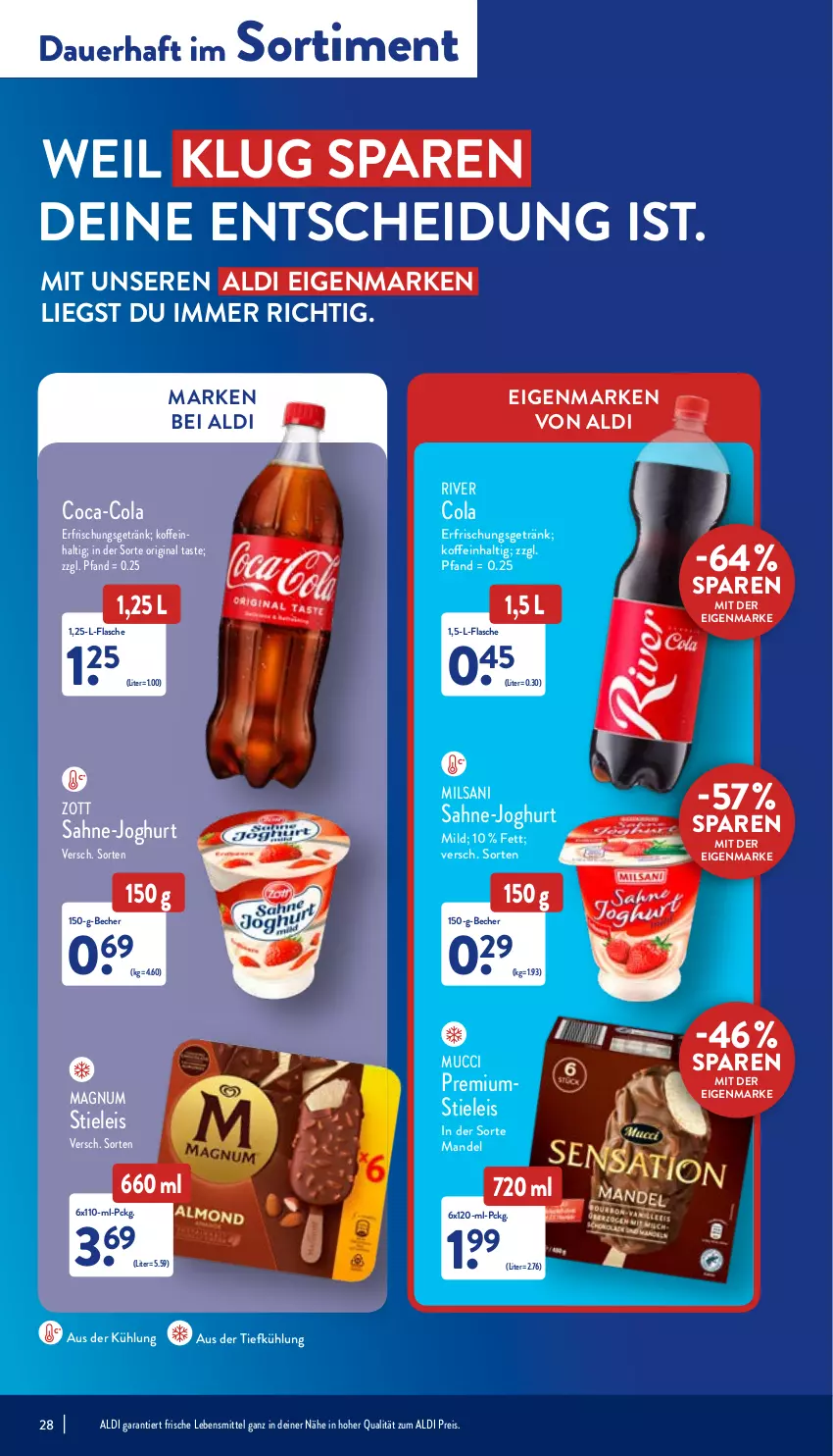 Aktueller Prospekt Aldi Nord - Aldi-Aktuell - von 23.05 bis 28.05.2022 - strona 28 - produkty: aldi, auer, aus der tiefkühlung, Becher, coca-cola, cola, eis, erfrischungsgetränk, flasche, getränk, gin, joghur, joghurt, joghurt mild, lebensmittel, magnum, mandel, reis, sahne, stieleis, Ti, zott