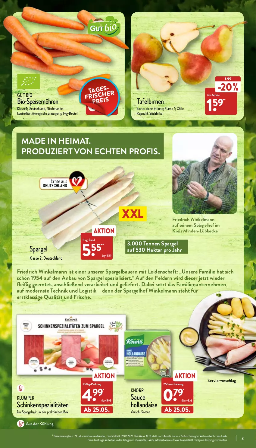 Aktueller Prospekt Aldi Nord - Aldi-Aktuell - von 23.05 bis 28.05.2022 - strona 3 - produkty: aldi, auer, Bau, Bauer, beutel, bio, Birnen, eis, hollandaise, knorr, lebensmittel, Mode, möhren, Rauch, reis, sauce, sauce hollandaise, Schal, Schale, schinken, spargel, speisemöhren, Spezi, tafelbirnen, Ti, tisch, trolli, Yo