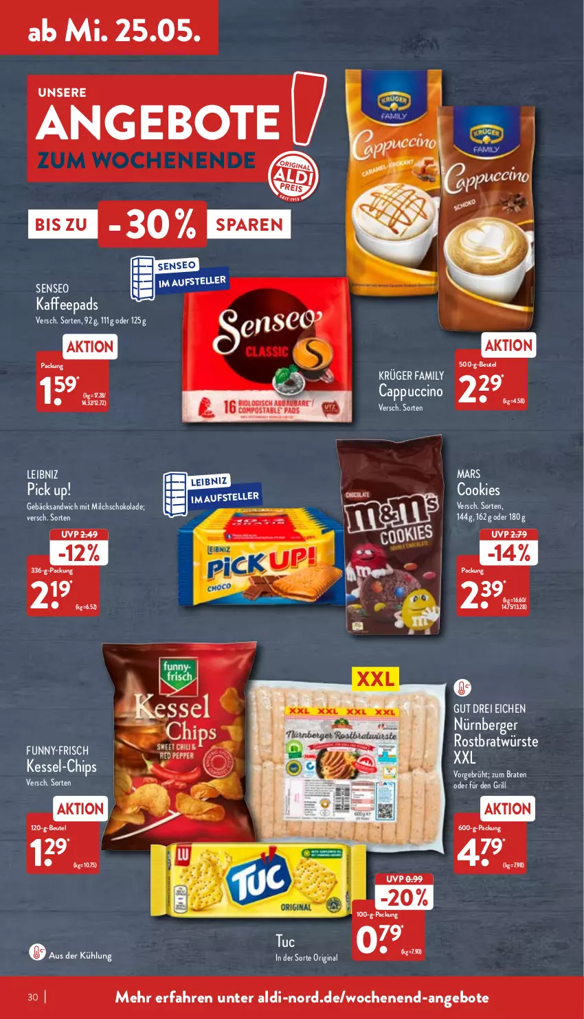 Aktueller Prospekt Aldi Nord - Aldi-Aktuell - von 23.05 bis 28.05.2022 - strona 30 - produkty: aldi, angebot, angebote, Berger, beutel, braten, Cap, cappuccino, chips, cin, cookie, cookies, elle, funny-frisch, gin, grill, kaffee, kaffeepads, krüger, leibniz, mars, milch, nürnberger, Pick Up!, sandwich, schoko, schokolade, senseo, teller, Ti, tuc