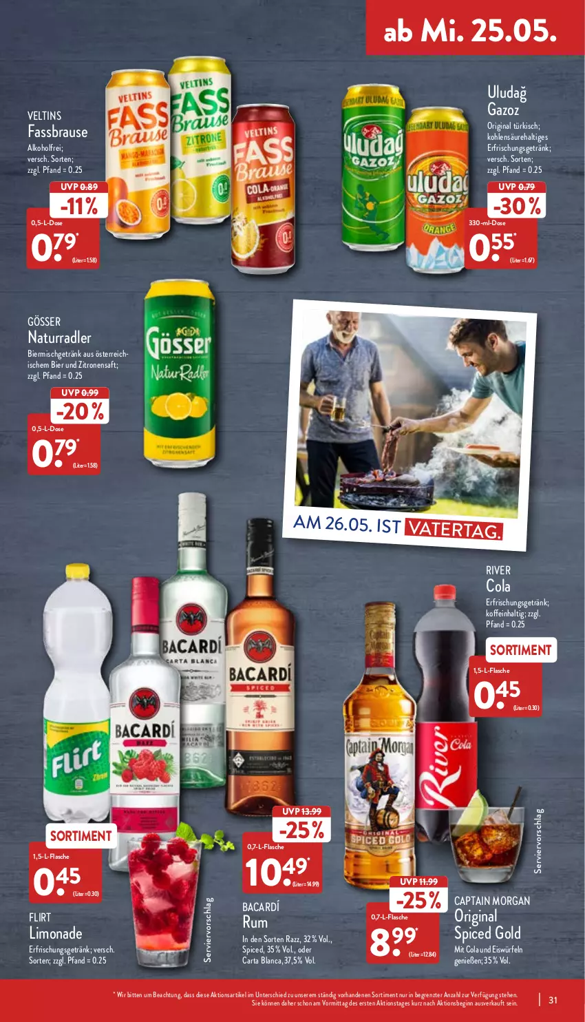 Aktueller Prospekt Aldi Nord - Aldi-Aktuell - von 23.05 bis 28.05.2022 - strona 31 - produkty: alkohol, bier, brause, Cap, captain morgan, cola, eis, eiswürfel, erfrischungsgetränk, fassbrause, flasche, getränk, gin, gösser, limo, limonade, natur, original spiced gold, radler, rum, saft, Ti, veltins, würfel, zitrone, zitronen, zitronensaft, ZTE