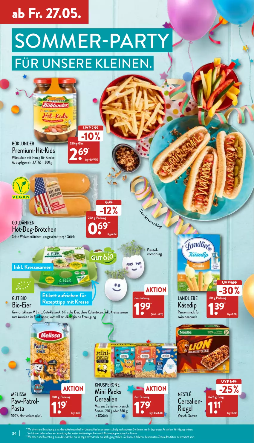 Aktueller Prospekt Aldi Nord - Aldi-Aktuell - von 23.05 bis 28.05.2022 - strona 34 - produkty: bio, böklunder, brötchen, cerealien, dip, eier, gin, hartweizen, honig, Käse, Kinder, landliebe, leine, nestlé, pasta, rezept, riegel, schnitten, sesam, snack, Ti, trolli, weizenbrötchen, würstchen, ZTE