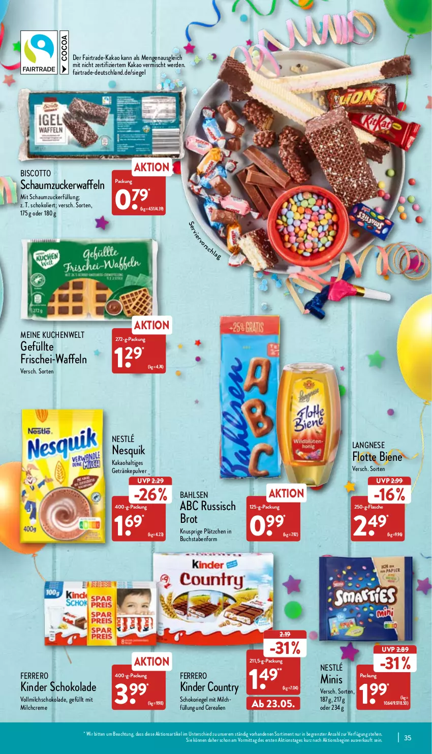 Aktueller Prospekt Aldi Nord - Aldi-Aktuell - von 23.05 bis 28.05.2022 - strona 35 - produkty: bahlsen, biscotto, brot, buch, cerealien, creme, erde, ferrero, flasche, getränk, getränke, getränkepulver, gin, kakao, Kinder, kinder country, kinder schokolade, kuchen, langnese, Lätzche, milch, nesquik, nestlé, riegel, russisch brot, Schaumzucker, schoko, schokolade, schokoriegel, Ti, vollmilch, waffeln, ZTE, zucker