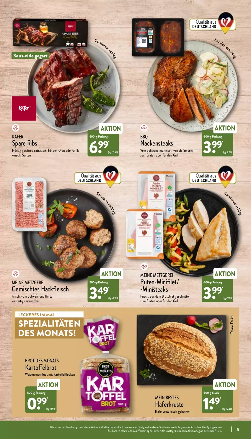 Aktueller Prospekt Aldi Nord - Aldi-Aktuell - von 23.05 bis 28.05.2022 - strona 5 - produkty: braten, brot, brustfilet, eis, filet, fleisch, geback, gewürz, gin, grill, hackfleisch, hafer, käfer, kartoffel, Kartoffelbrot, Nackensteak, nackensteaks, Ofen, pute, rind, rwe, schnitten, schwein, schwein und rind, spare ribs, Spezi, steak, steaks, Ti, vom schwein und rind, wein, weizenmischbrot, ZTE