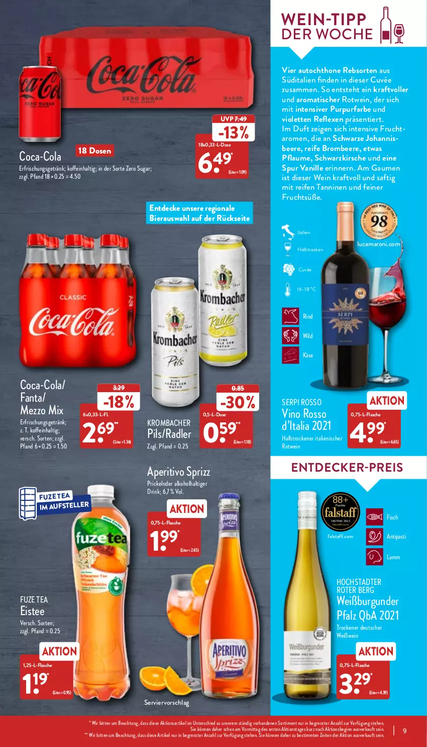 Aktueller Prospekt Aldi Nord - Aldi-Aktuell - von 23.05 bis 28.05.2022 - strona 9 - produkty: alkohol, amaro, asti, auto, beere, bier, brombeere, burgunder, coca-cola, cola, cuvée, decke, drink, eis, eistee, elle, erfrischungsgetränk, fanta, fisch, flasche, frucht, fuze tea, getränk, gin, johannisbeere, Käse, kirsch, kirsche, kraft, krombache, krombacher, krombacher pils, lamm, Mezzo Mix, pflaume, pils, radler, reifen, reis, rind, rotwein, saft, Sprizz, tee, teller, Ti, tisch, vanille, wein, Weißburgunder, Weißwein, Wild, ZTE