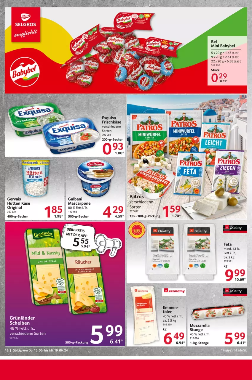 Aktueller Prospekt Selgros - Food - von 13.06 bis 19.06.2024 - strona 18 - produkty: babybel, Becher, eier, feta, frischkäse, galbani, gervais, gin, grünländer, Käse, mascarpone, mini babybel, mozzarella, rel, Ti