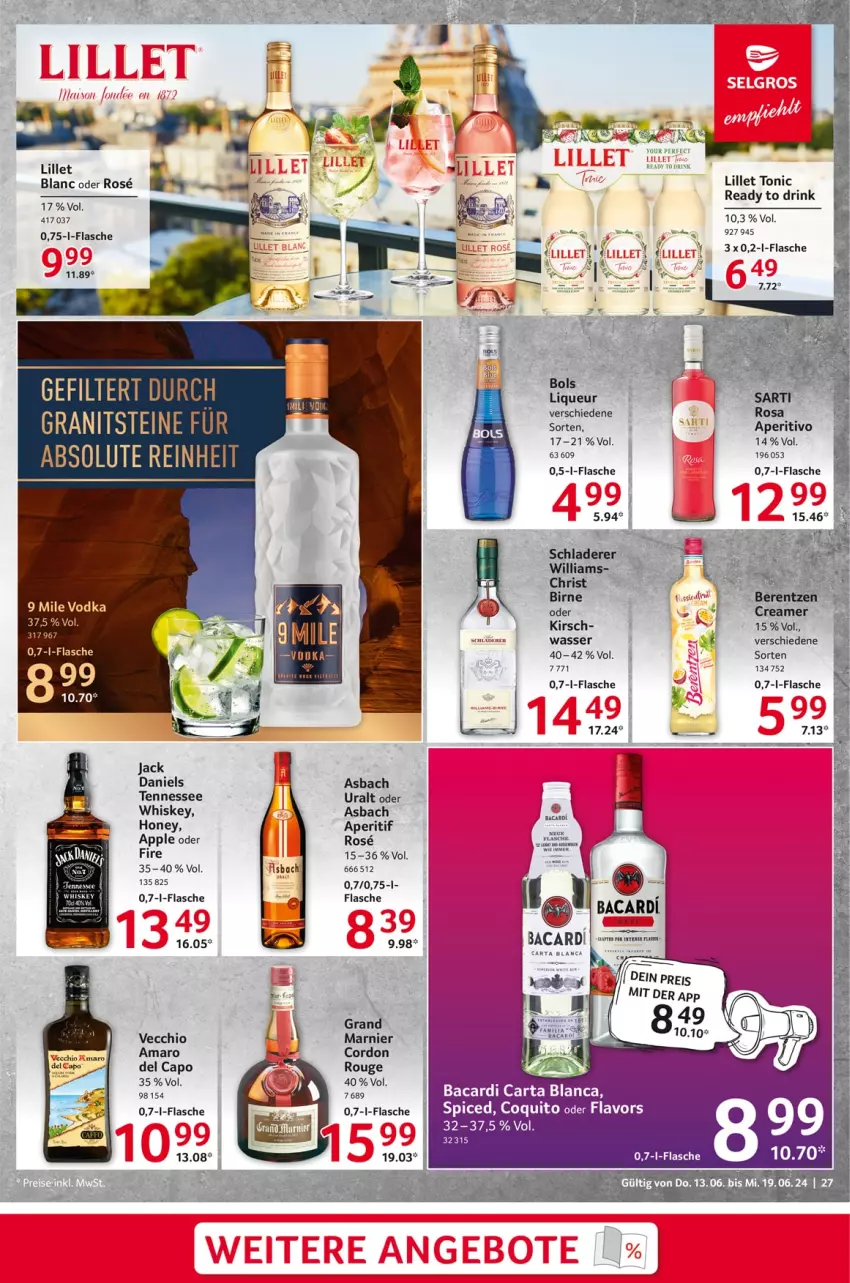 Aktueller Prospekt Selgros - Food - von 13.06 bis 19.06.2024 - strona 27 - produkty: aperitif, Apple, bacardi, Cap, drink, flasche, jack daniel, jack daniels, kirsch, lillet, liqueur, rouge, Ti, tonic, vodka, wasser, Yo