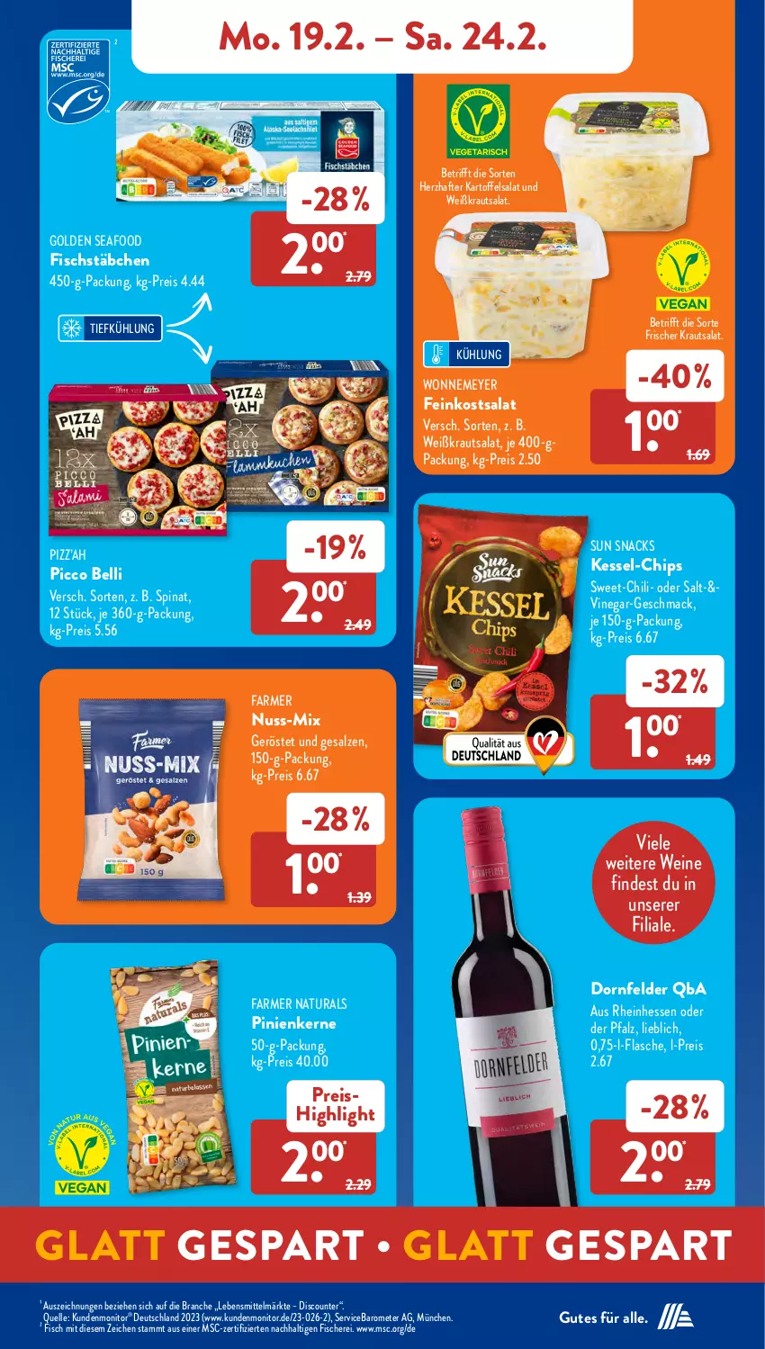 Aktueller Prospekt AldiSud - NÄCHSTE WOCHE - von 19.02 bis 24.02.2024 - strona 11 - produkty: chili, chips, discount, dornfelder, eis, elle, feinkost, fisch, fische, Fischer, fischstäbchen, flasche, kartoffel, kartoffelsalat, Kraut, krautsalat, lebensmittel, mac, monitor, natur, natura, nuss, pinienkerne, reis, salat, salz, Schere, snack, snacks, spinat, Sun Snacks, Ti, wein, weine