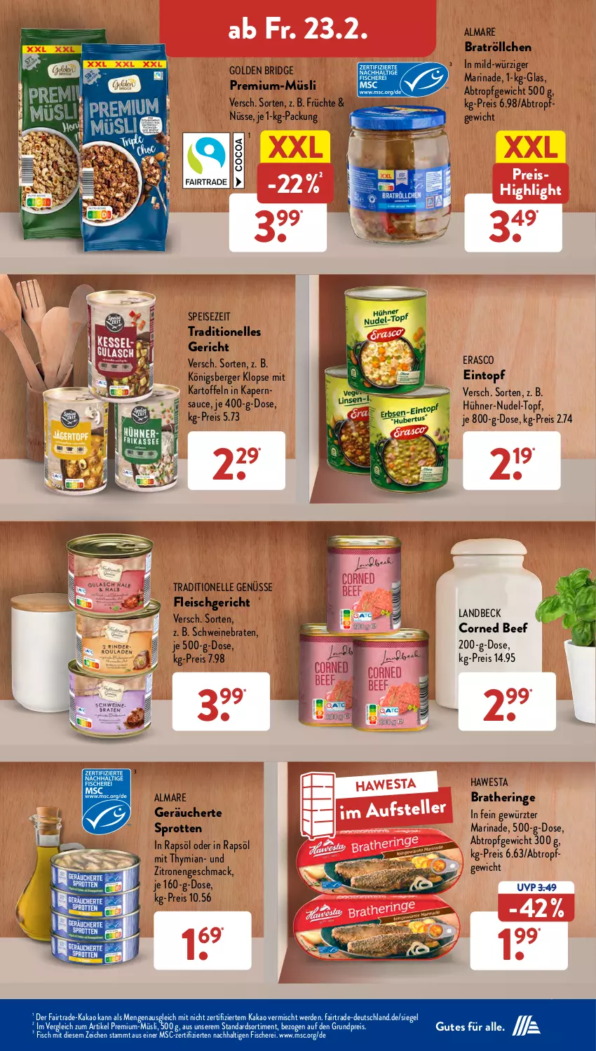 Aktueller Prospekt AldiSud - NÄCHSTE WOCHE - von 19.02 bis 24.02.2024 - strona 33 - produkty: almare, beef, Berger, braten, Bratheringe, corned beef, eintopf, eis, elle, erasco, erde, fisch, fische, Fischer, fleisch, früchte, gewürz, hawesta, hering, hühner, kakao, kartoffel, kartoffeln, Königsberger Klopse, mac, marinade, müsli, nudel, nudel-topf, rapsöl, reis, ring, sauce, Schere, schwein, schweine, schweinebraten, Sprotten, teller, Ti, topf, wein, weine, zitrone, zitronen, ZTE