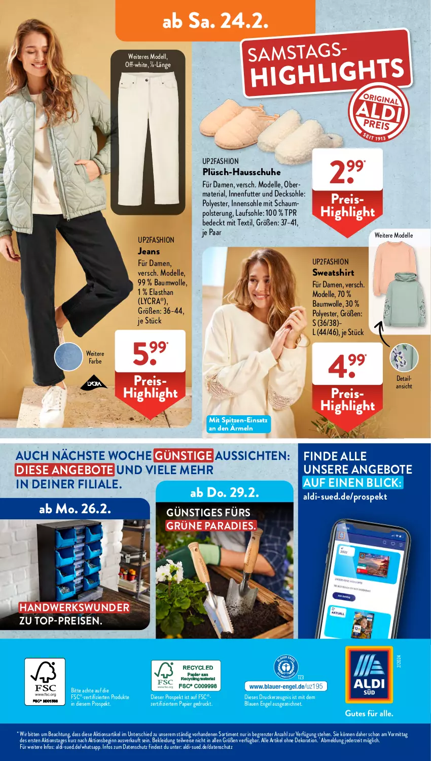 Aktueller Prospekt AldiSud - NÄCHSTE WOCHE - von 19.02 bis 24.02.2024 - strona 39 - produkty: aldi, alle artikel ohne dekoration, angebot, angebote, Bau, baumwolle, decksohle, dekoration, dell, drucker, eis, elle, Engel, gin, Hausschuhe, jeans, kerze, kleid, Kleidung, Mode, papier, Plüsch, reis, Ria, schuhe, shirt, Sweatshirt, Ti, top-preis, up2fashion, wolle, ZTE