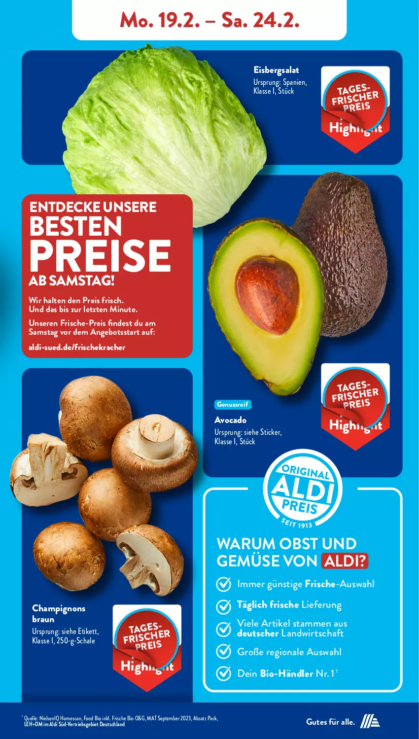 Aktueller Prospekt AldiSud - NÄCHSTE WOCHE - von 19.02 bis 24.02.2024 - strona 5 - produkty: aldi, angebot, avocado, bio, braun, champignon, champignons, champignons braun, decke, eis, eisbergsalat, elle, kracher, nuss, obst, Obst und Gemüse, reis, rum, salat, Schal, Schale, Ti, und gemüse, ZTE