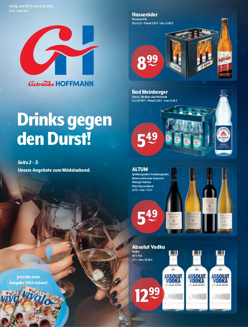 Aktueller Prospekt Getraenke Hoffmann - Prospekte - von 07.03 bis 12.03.2022 - strona 1 - produkty: Absolut Vodka, angebot, angebote, Bad, Berger, burgunder, drink, drinks, eis, elle, grauburgunder, hasseröder, Meister, natur, pils, premium pils, rel, spätburgunder, Ti, vodka, wein