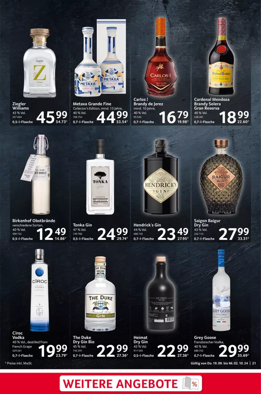 Aktueller Prospekt Selgros - Genießer & Feinschmecker - von 19.09 bis 02.10.2024 - strona 21 - produkty: bio, cin, dry gin, flasche, gin, Metaxa, obst, Ti, vodka